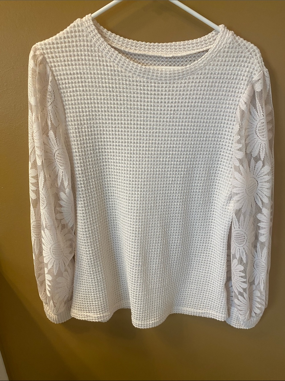 White Waffle Knit Top with Floral Lace Sleeves